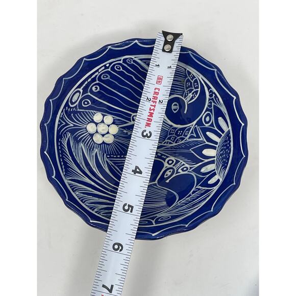 Vintage Mexican Folk Art Bird Pottery Small Footed Hand Painted Trinket Bowl - Picture 8 of 8